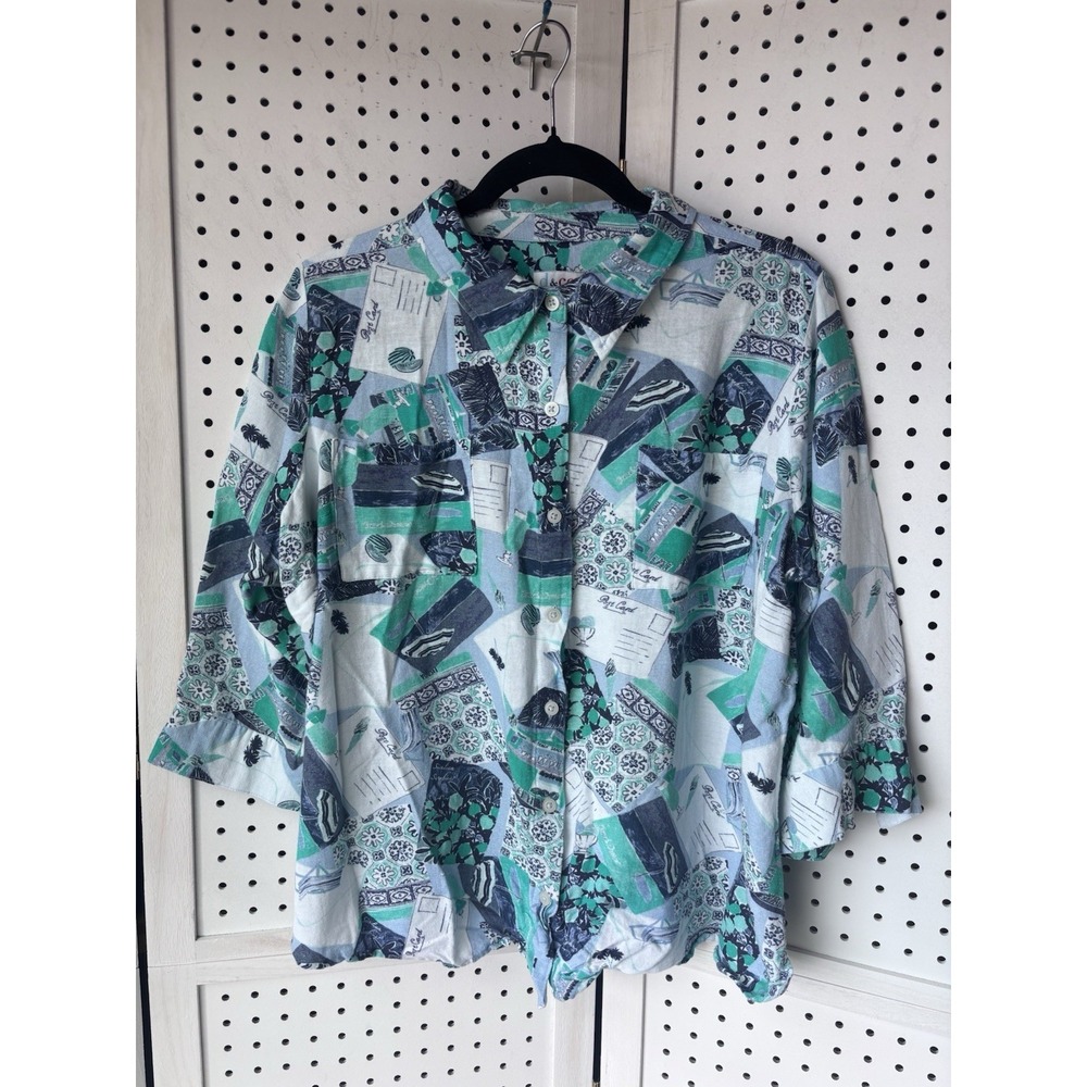 D&Co. Women's 1X (Fits XL) Cotton Linen Button Down Blouse 3/4 SLV Beach Print